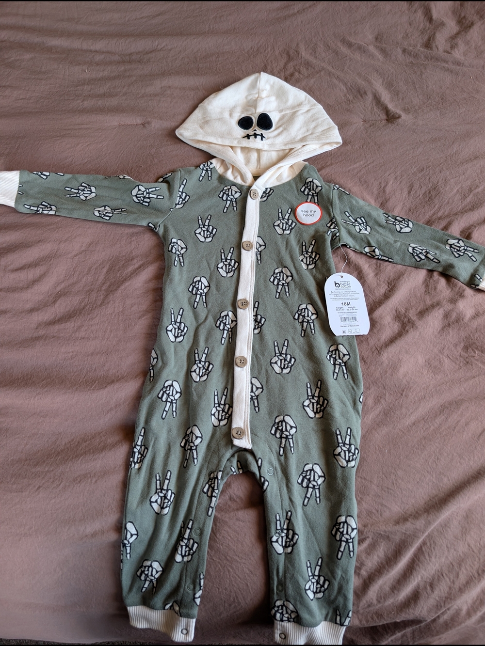 Unbranded Olive Green Skeleton Hand Hooded One-Piece for Kids